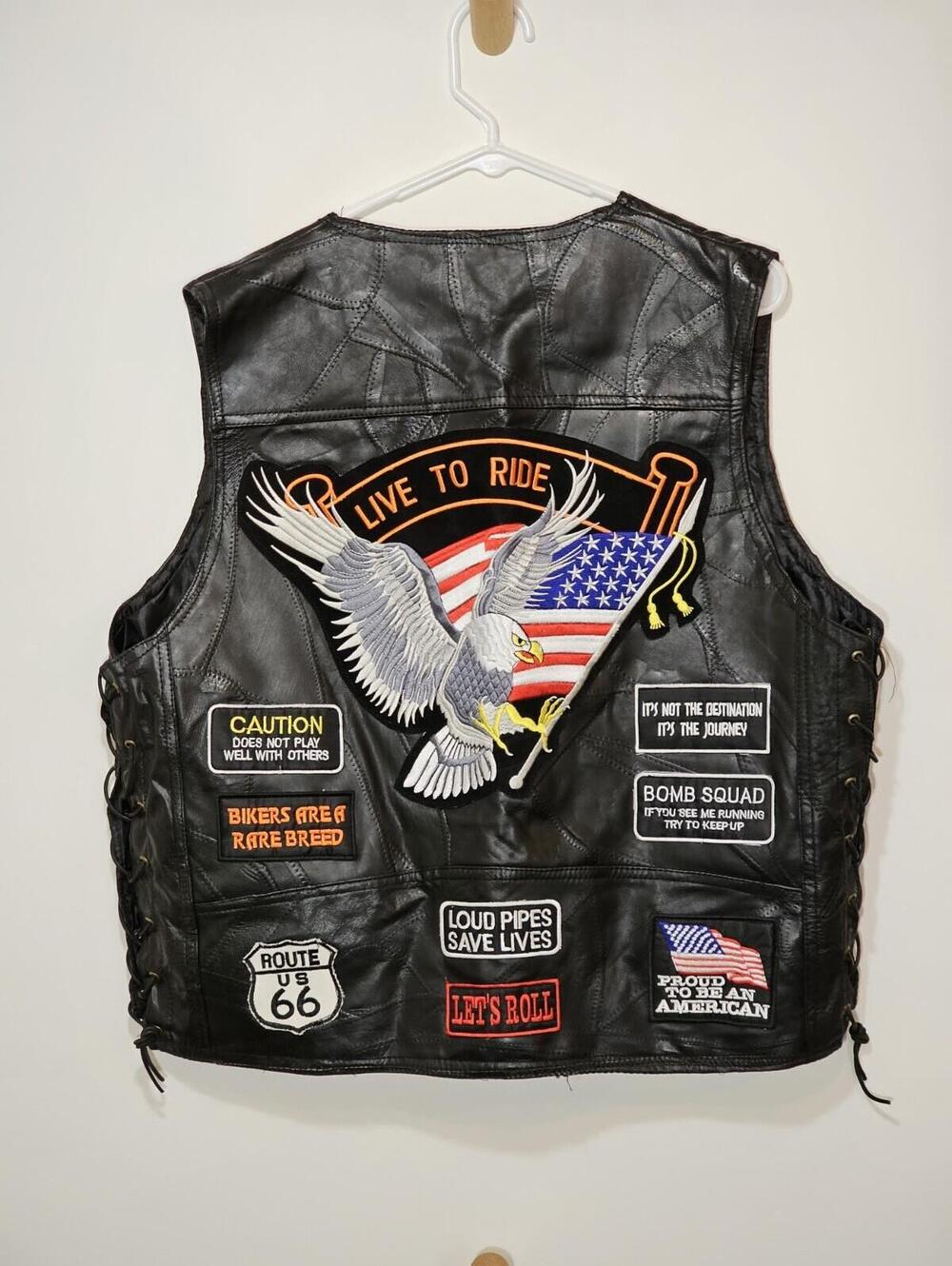 Diamond Plate Leather Biker Vest Mens XL Embroidered Motorcycle Patches USA